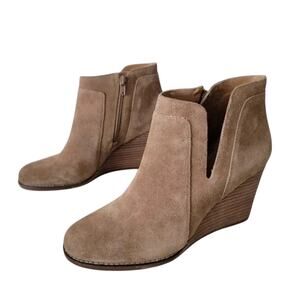 Lucky Brand Suede Wedge Ankle Booties Beige Leather Zip Women Size 8 Fall Casual